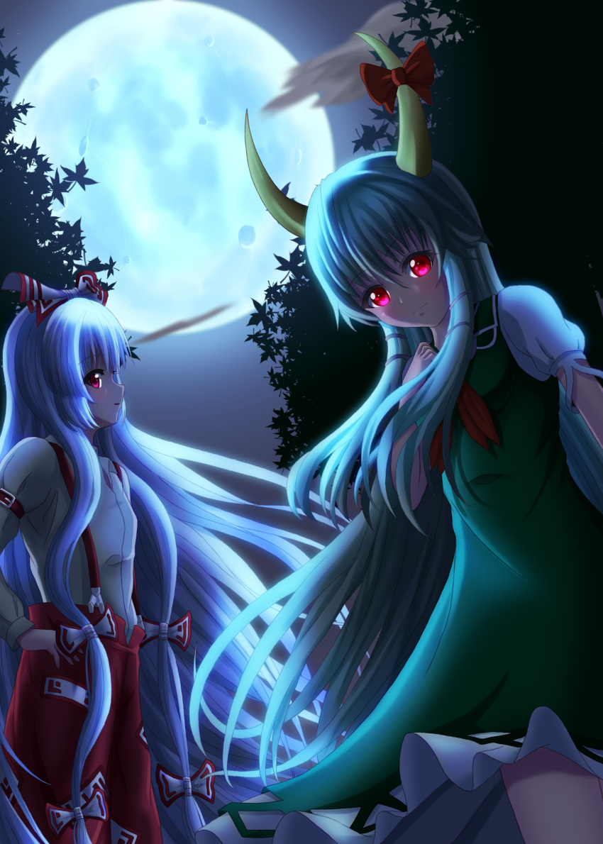 2girls, absurdres, dress, ex-keine, forest, fujiwara_no_mokou, full_moon, green_dress