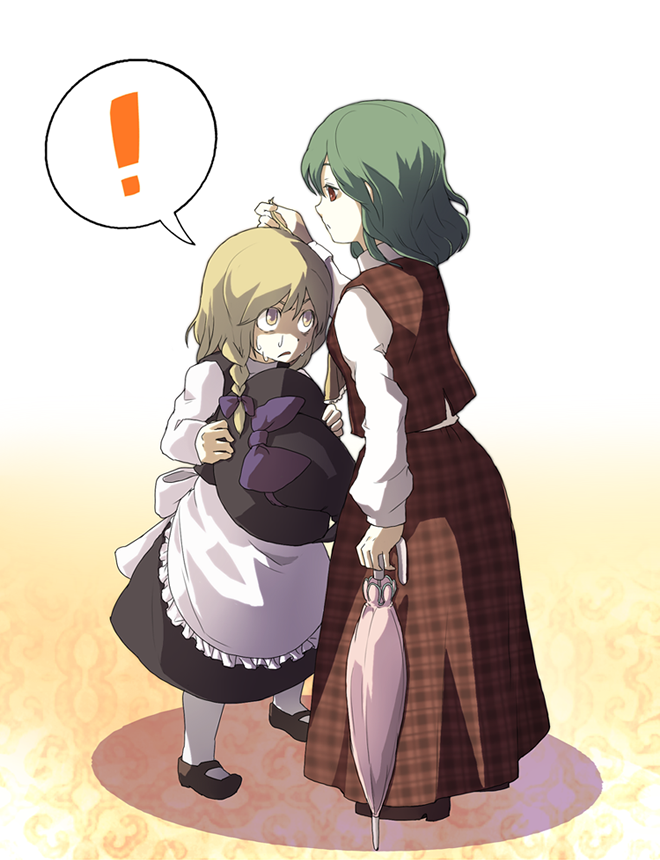 amamori_kohan, apron, bad_id, blonde_hair, bow, braid, closed_umbrella, green_hair