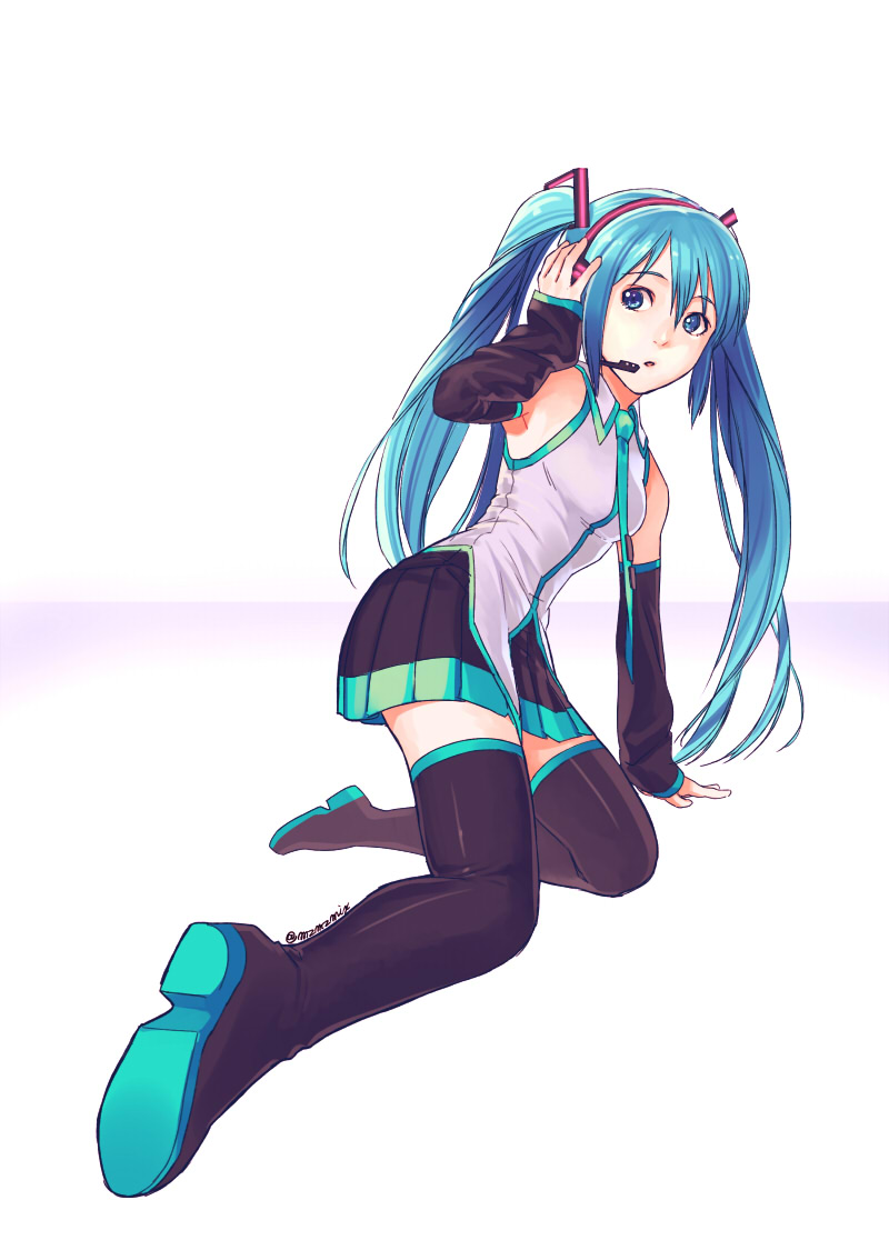 1girl, abe_(f!mixture), aqua_eyes, aqua_hair, detached_sleeves, hand_on_headphones, hatsune_miku, headphones