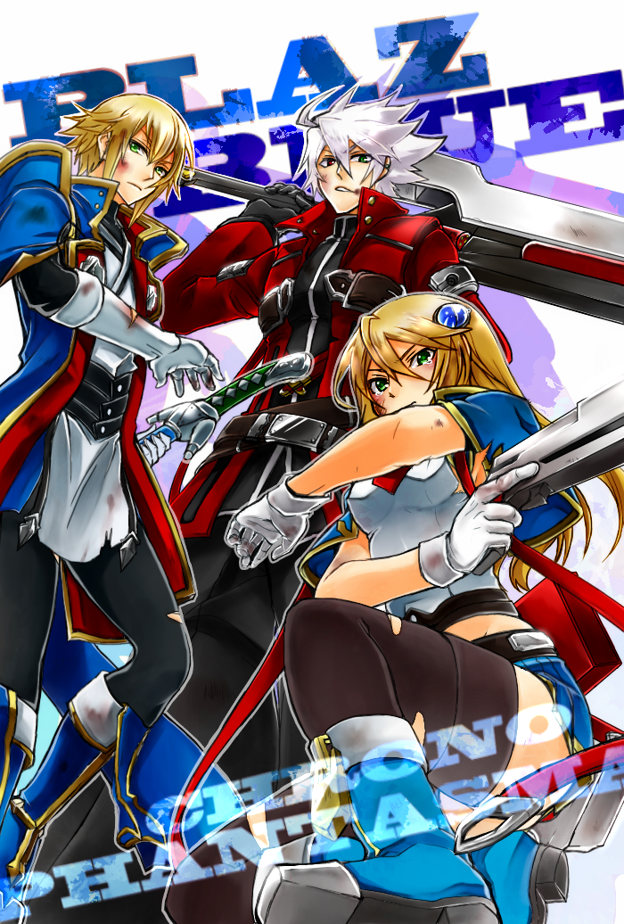 1girl, 2boys, blazblue, blonde_hair, bolverk, green_eyes, gun, heterochromia, jin_kisaragi, katana, multiple_boys, noel_vermillion, ragna_the_bloodedge, silver_hair, sword, weapon, yukianesa