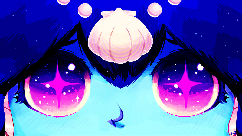 +_+, 1girl, aqua_skin, blue_hair, blush, close-up, hair_ornament, minette_(skullgirls)