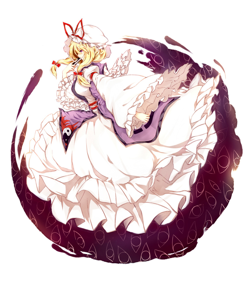 1girl, blonde_hair, breasts, closed_fan, dress, fan, folding_fan, gap