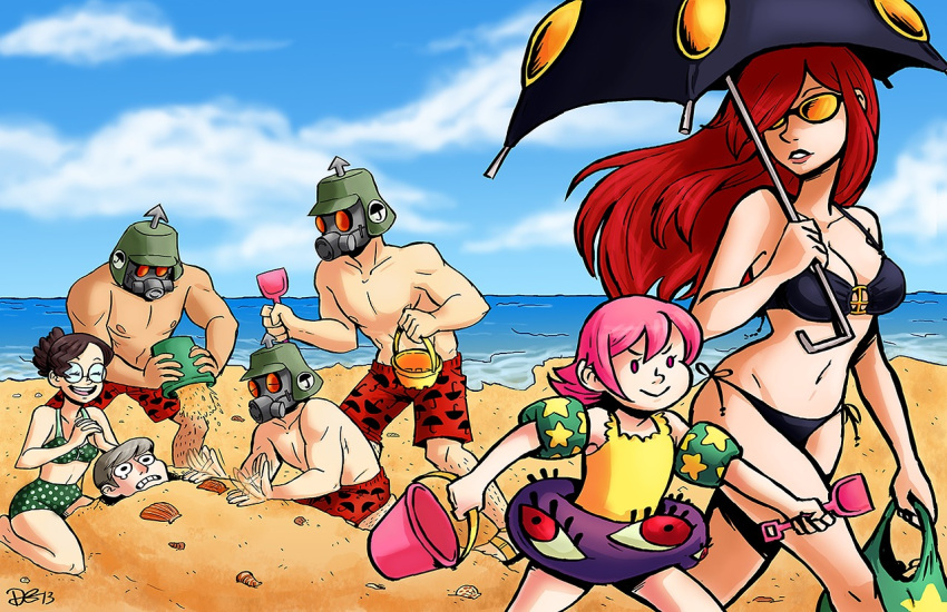 3girls, 4boys, adam_kapowski, beach, bikini, black_egrets, breasts, bucket