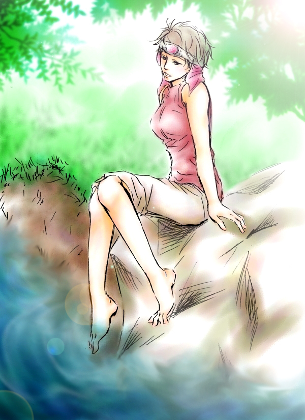 breasts, brown_hair, circlet, cleo, feet, forest, gensou_suikoden, grass