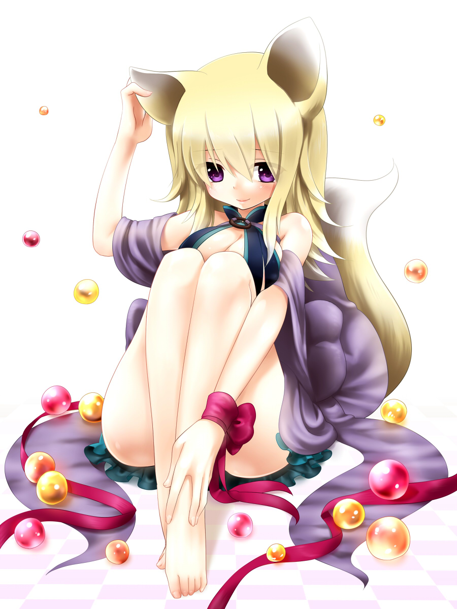 1girl, animal_ears, aten, barefoot, blonde_hair, breasts, cleavage, highres