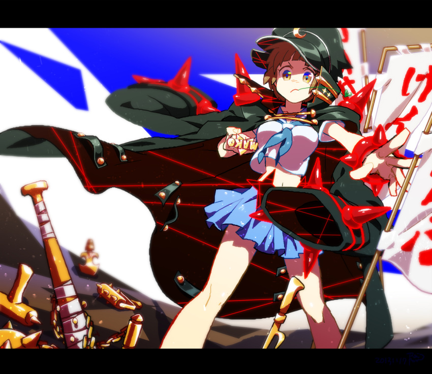 1girl, banner, baseball_bat, bowl_cut, brown_eyes, brown_hair, clenched_hand, crescent, hat, jacket, kill_la_kill, letterboxed, mankanshoku_mako, nail, nail_bat, reirou_(re16ko89), sky, solo, spikes, spoilers