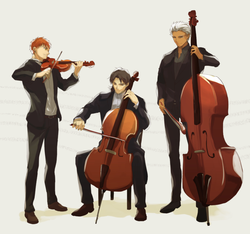 3boys, brown_hair, cello, dark_skin, emiya_shirou, fate/stay_night, fate_(series), formal, instrument, multiple_boys, orange_hair, raglan_sleeves, sake_(kadai), suit, violin, white_hair
