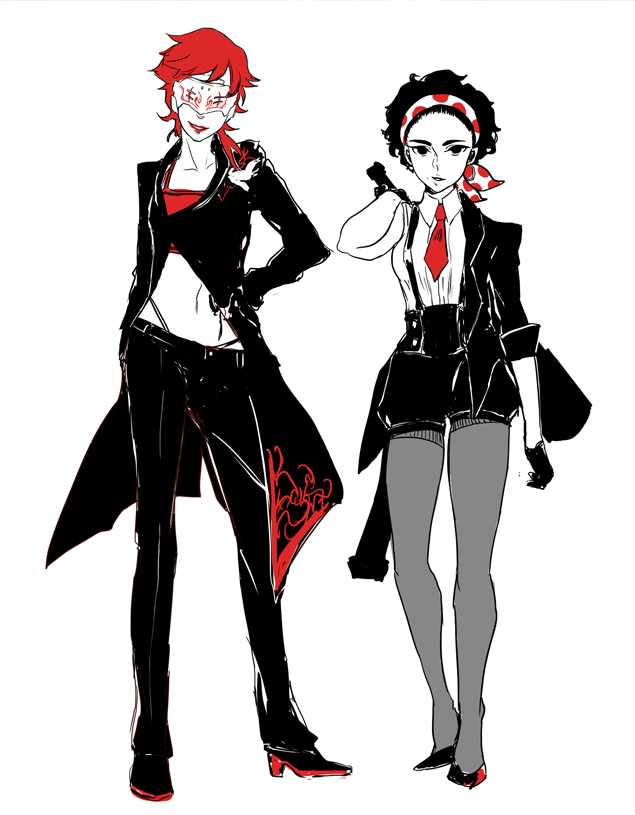 2girls, adam_taurus, bandana, curly_hair, formal, genderswap, gloves, high_heels, holding_sword, jacket, junior_xiong, mask, multiple_girls, navel, necktie, pants, pantyhose, puffy_pants, redhead, rwby, short_ponytail, smile, suit, sumanina, suspenders, sword, tagme, tank_top, weapon