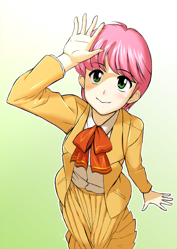 1girl, :>, g-tetsu, green_eyes, high_school!_kimengumi, kawa_yui, oldschool, pink_hair