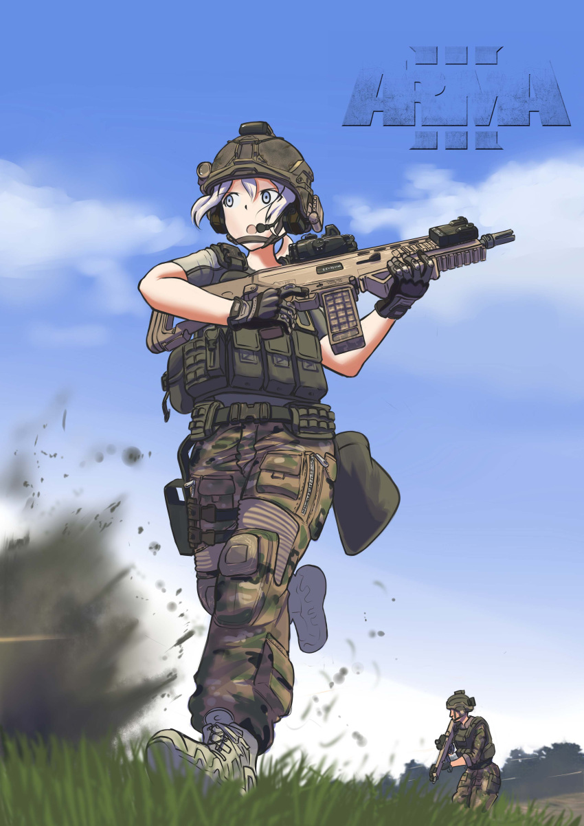 1girl, absurdres, arma_(series), arma_3, assault_rifle, blue_eyes, boots, copyright_name