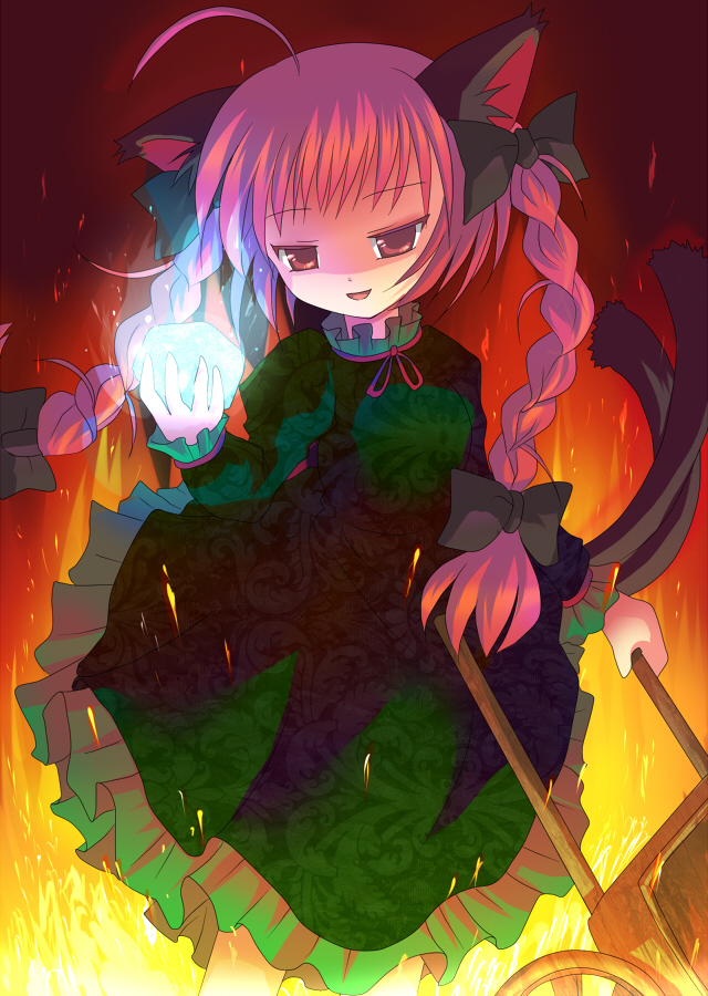 braid, cat, cat_ears, cat_tail, kaenbyou_rin, multiple_tails, nibii_(panda), red_eyes