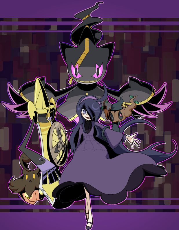 1girl, aegislash, ahoge, banette, black_hair, character_request, dress, hair_over_one_eye, hex_maniac_(pokemon), liczka, mega_banette, phantump, pokemon, pokemon_(creature), pokemon_(game), pokemon_xy, pumpkaboo, violet_eyes