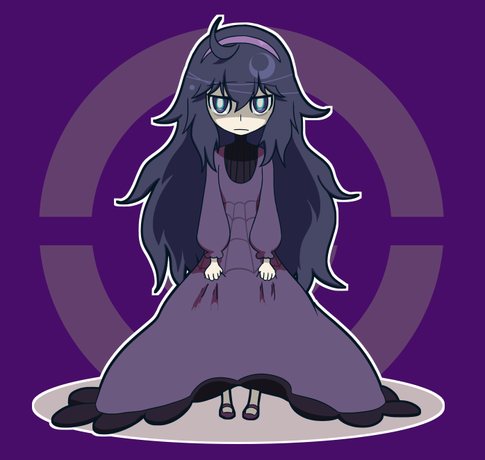 1girl, age_regression, ahoge, black_hair, dress, hairband, hex_maniac_(pokemon), liczka