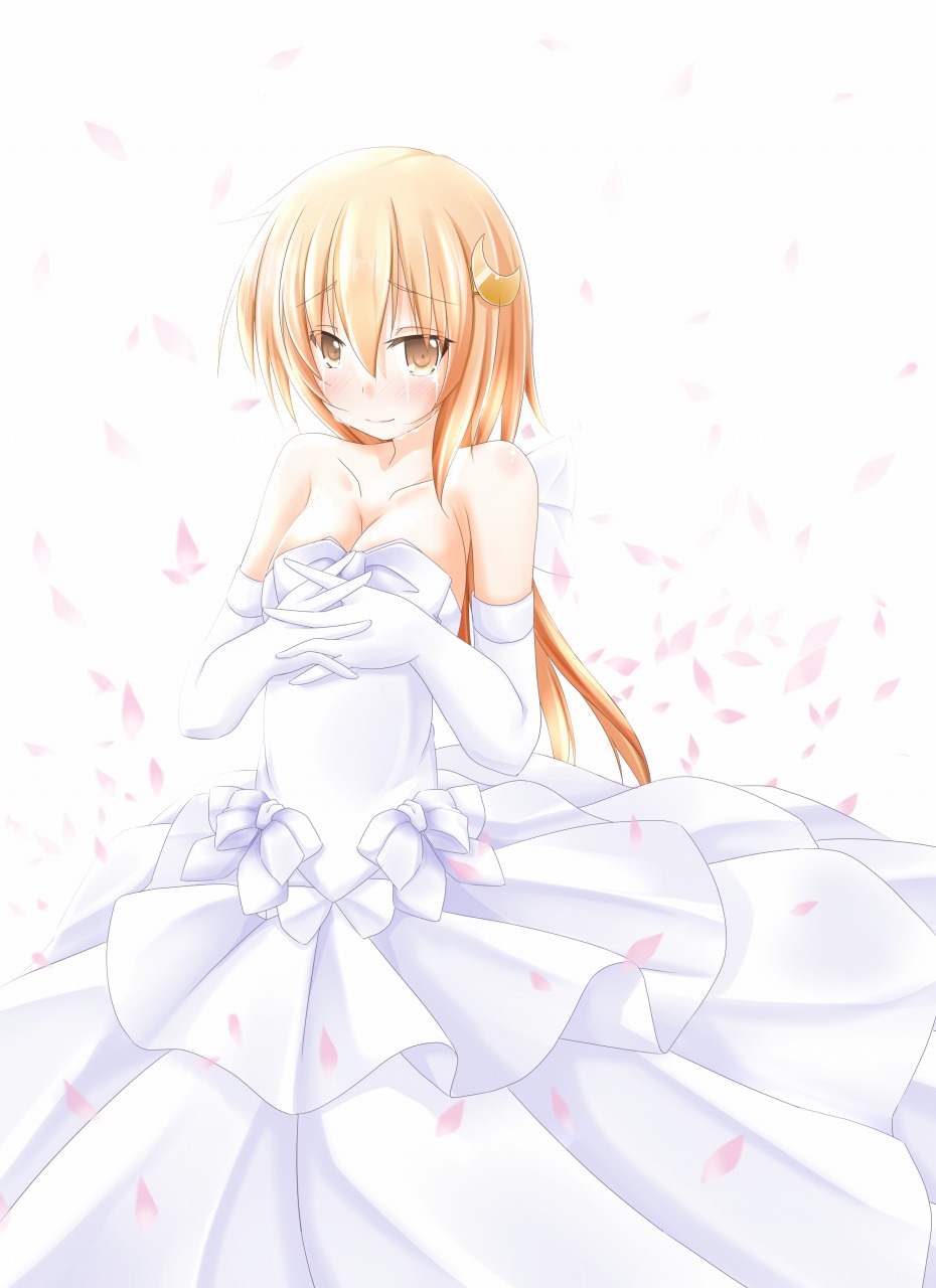 1girl, bare_shoulders, blush, borrowed_character, breasts, crescent_moon, dress, elbow_gloves