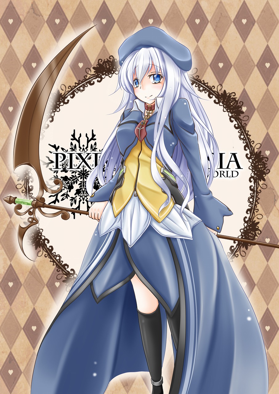 1girl, argyle, argyle_background, arms_behind_back, blue_eyes, copyright_name, erishia_(sutoreruka), hat, heart, highres, long_hair, looking_at_viewer, original, pixiv_fantasia, pixiv_fantasia_new_world, scythe, smile, solo, sutoreruka, very_long_hair