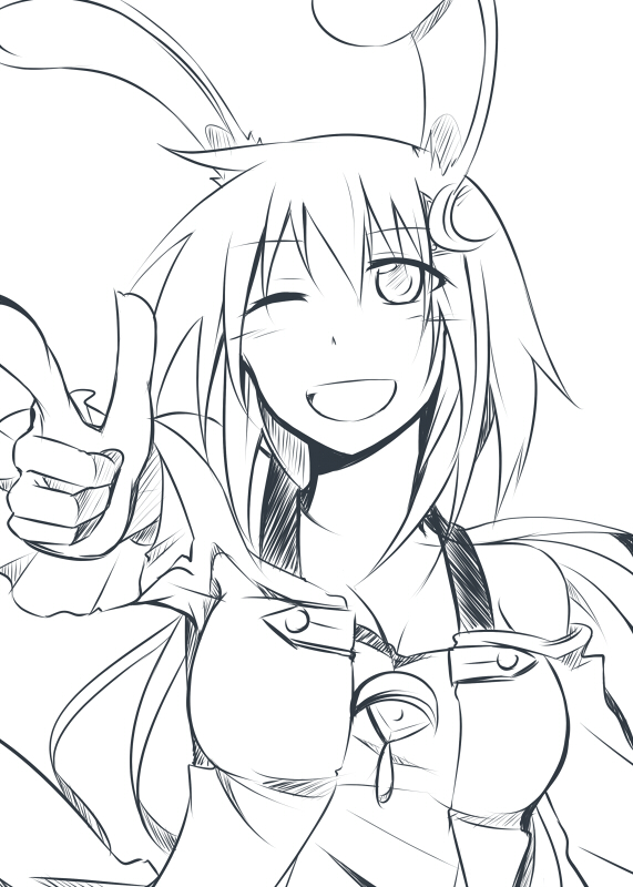 1girl, animal_ears, breasts, crescent_moon, kemonomimi_mode, monochrome, moon, original