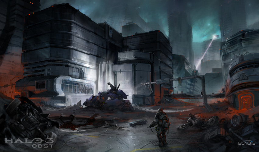 after_battle, alone, battle_rifle, blood, city, gun, halo_(game), highres