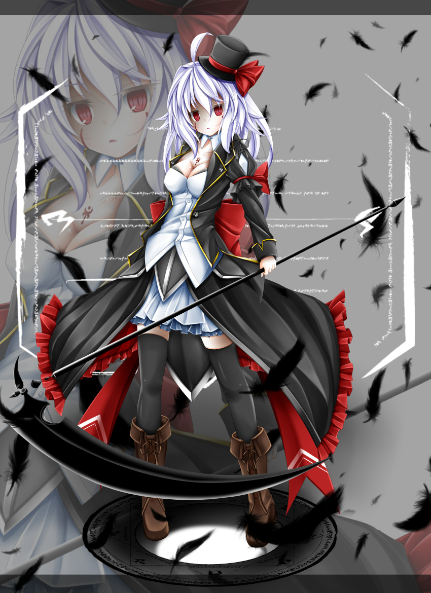 1girl, absurdres, black_legwear, breasts, dark_persona, feathers, hat, highres