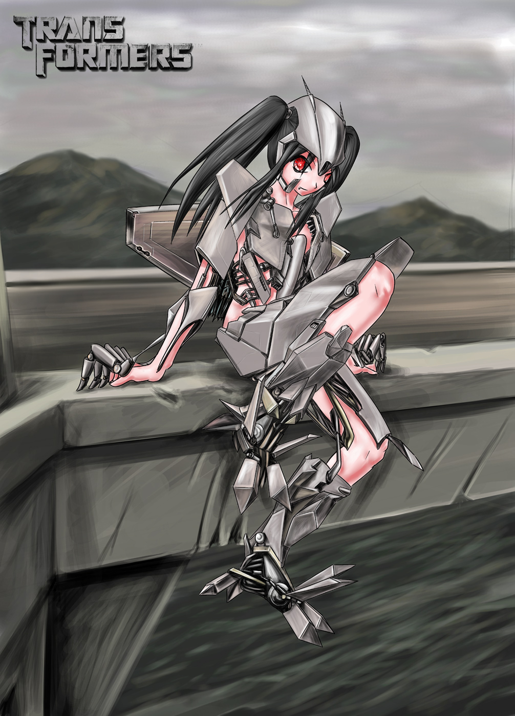 black_hair, clouds, genderswap, mecha_musume, mountain, personification, pig_tails, red_eyes, starscream, transformers, water