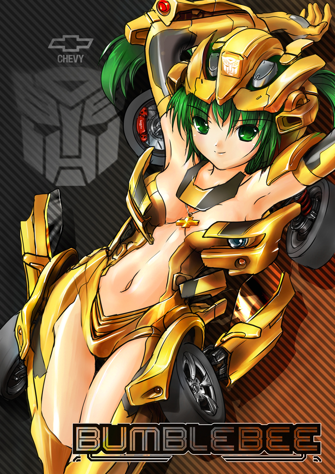 autobot, breasts, bumblebee, chevy, cleavage, genderswap, green_eyes, green_hair