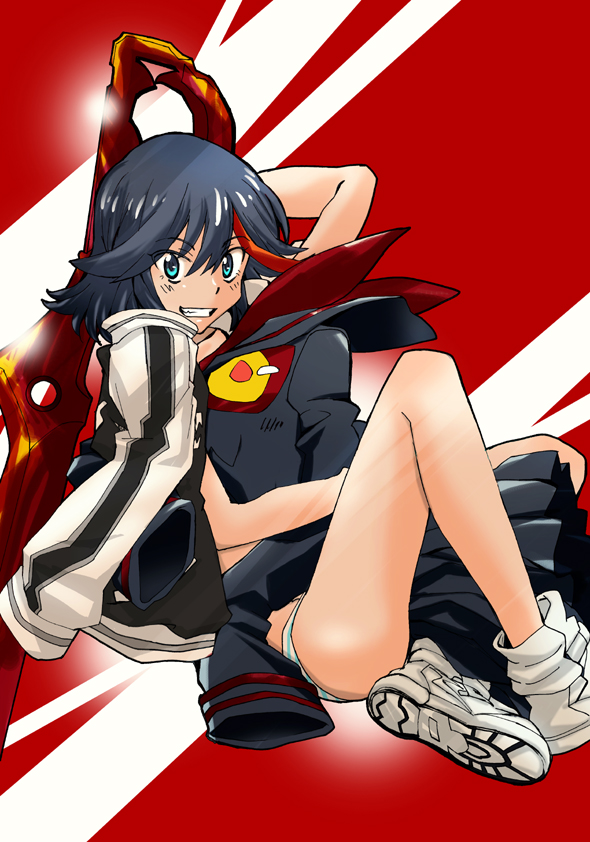 1girl, black_hair, blue_eyes, grin, jacket, jacket_on_shoulders, kill_la_kill, letterman_jacket