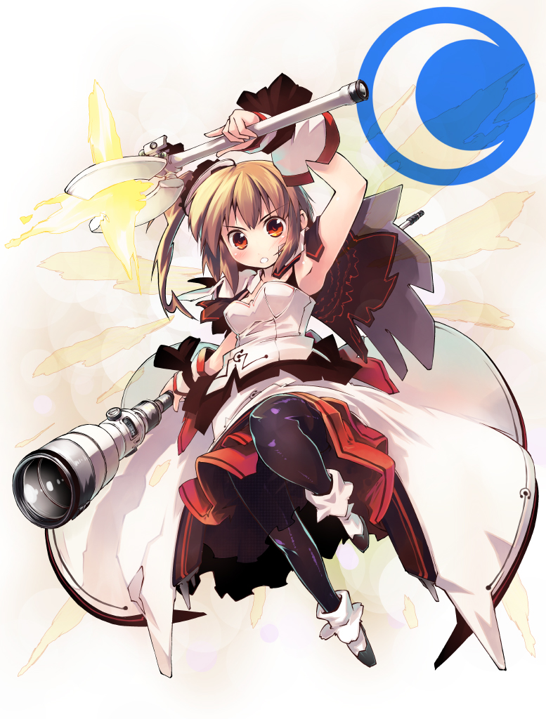 1girl, akari_(magical_cannon_wars), blush, brown_hair, magical_cannon_wars, magical_girl, nanaroku_(fortress76), orange_eyes, pantyhose, solo, telescope