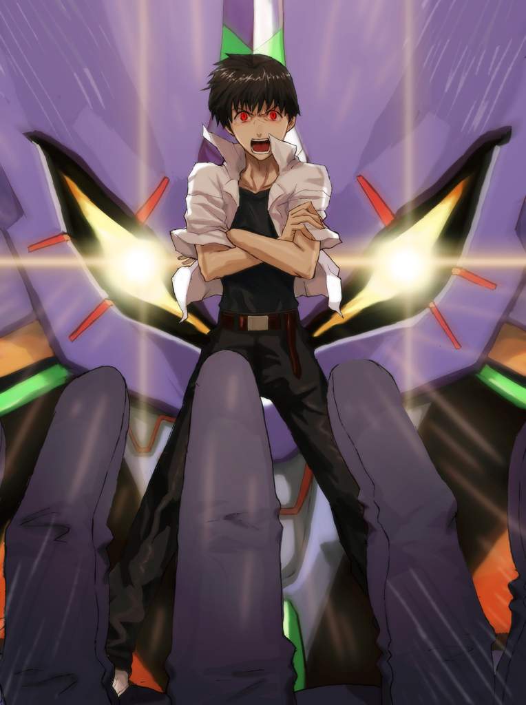 1boy, crossed_arms, eva_01, gunbuster_pose, ikari_shinji, male, mecha, neon_genesis_evangelion