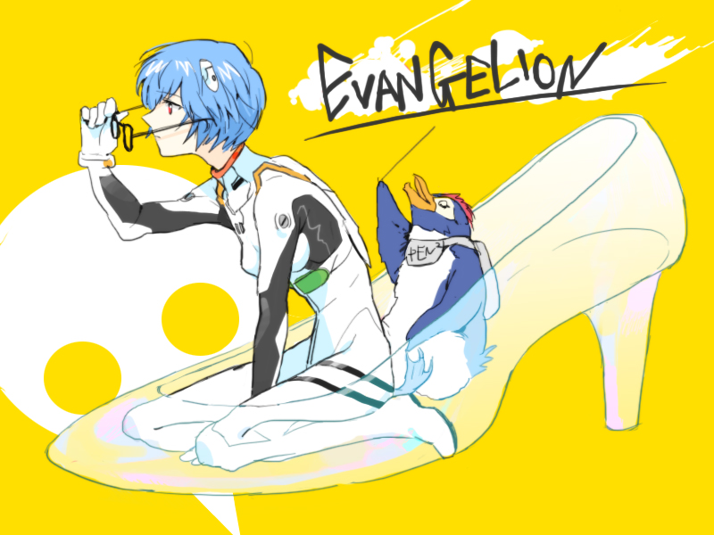 1girl, ayanami_rei, bird, blue_hair, fujiharu_(akamine), glasses, glasses_removed, high_heels