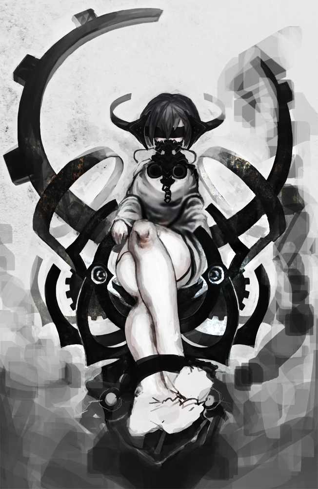 1girl, black_hair, blindfold, chain, chair, crossed_legs_(sitting), gas_mask, gears