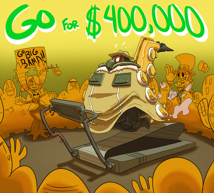 big_band, cigar, crowd, cyborg, flying_sweatdrops, instrument, leviathan_(skullgirls), peacock_(skullgirls), running, saxophone, sienna_contiello, skullgirls, solo_focus, stitched_mouth, treadmill, wide_mouth_ink