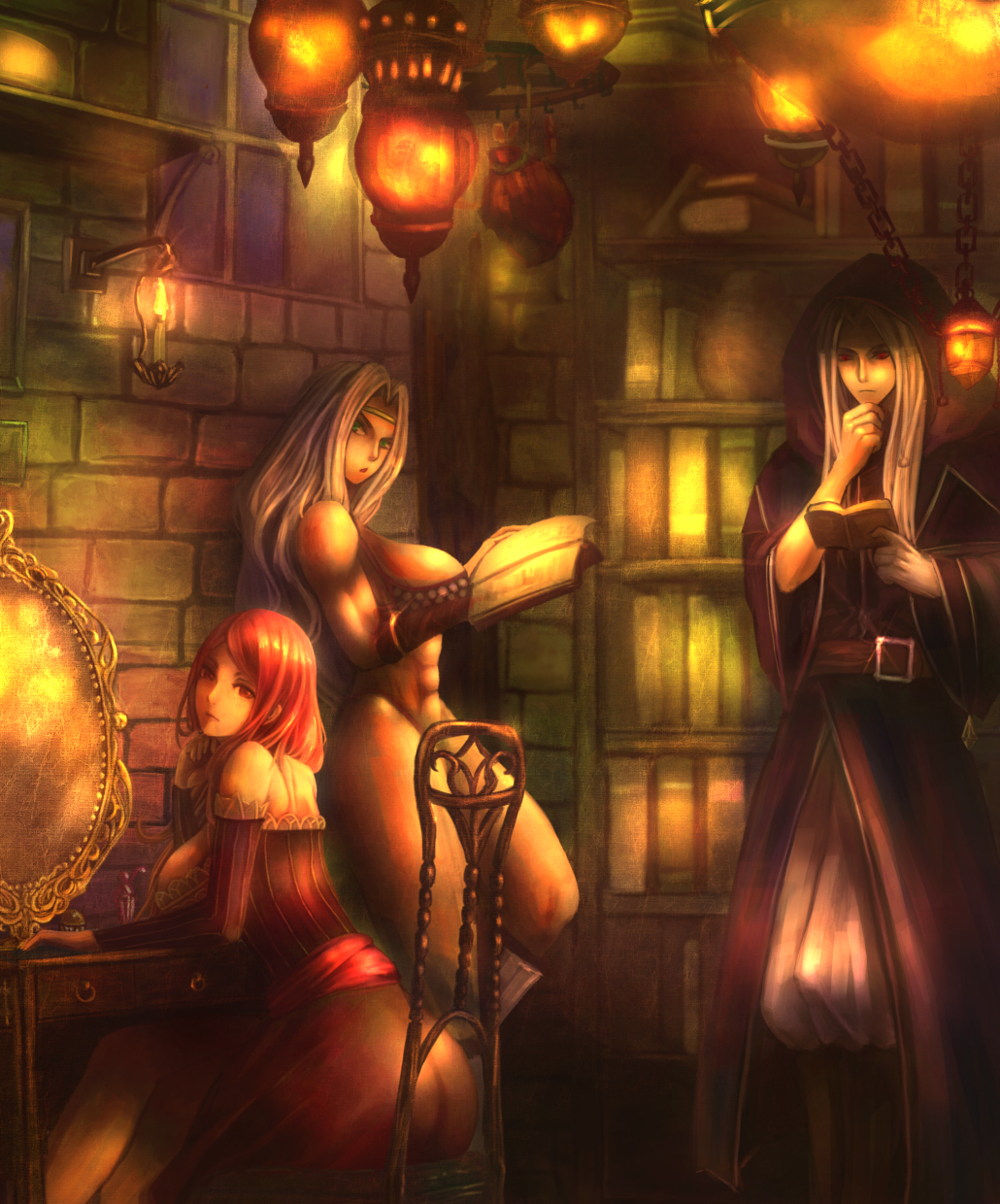 1boy, 2girls, amazon_(dragon's_crown), blonde_hair, blue_eyes, book, bookshelf, breasts, chair, dragon's_crown, highres, hood, large_breasts, long_hair, multiple_girls, redhead, sitting, sorceress_(dragon's_crown), white_har, wizard_(dragon's_crown), yazuo
