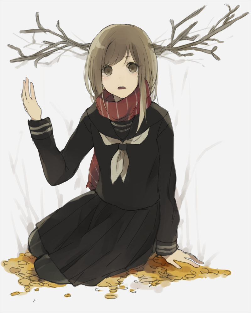 1girl, antlers, autumn_leaves, brown_eyes, brown_hair, c4991, original, scarf