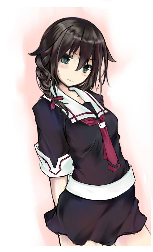 1girl, black_hair, blue_eyes, braid, kantai_collection, long_hair, looking_at_viewer, mag_(giraffe009), personification, pleated_skirt, school_uniform, serafuku, shigure_(kantai_collection), single_braid, skirt, smile, solo