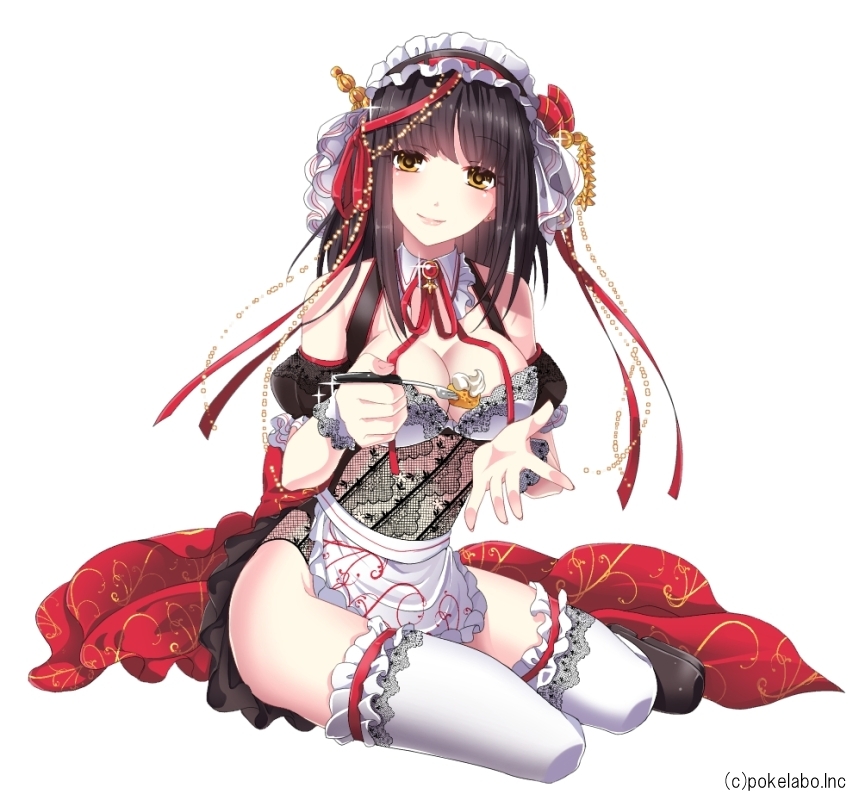 1girl, apron, breasts, brown_eyes, brown_hair, cleavage, feeding, food