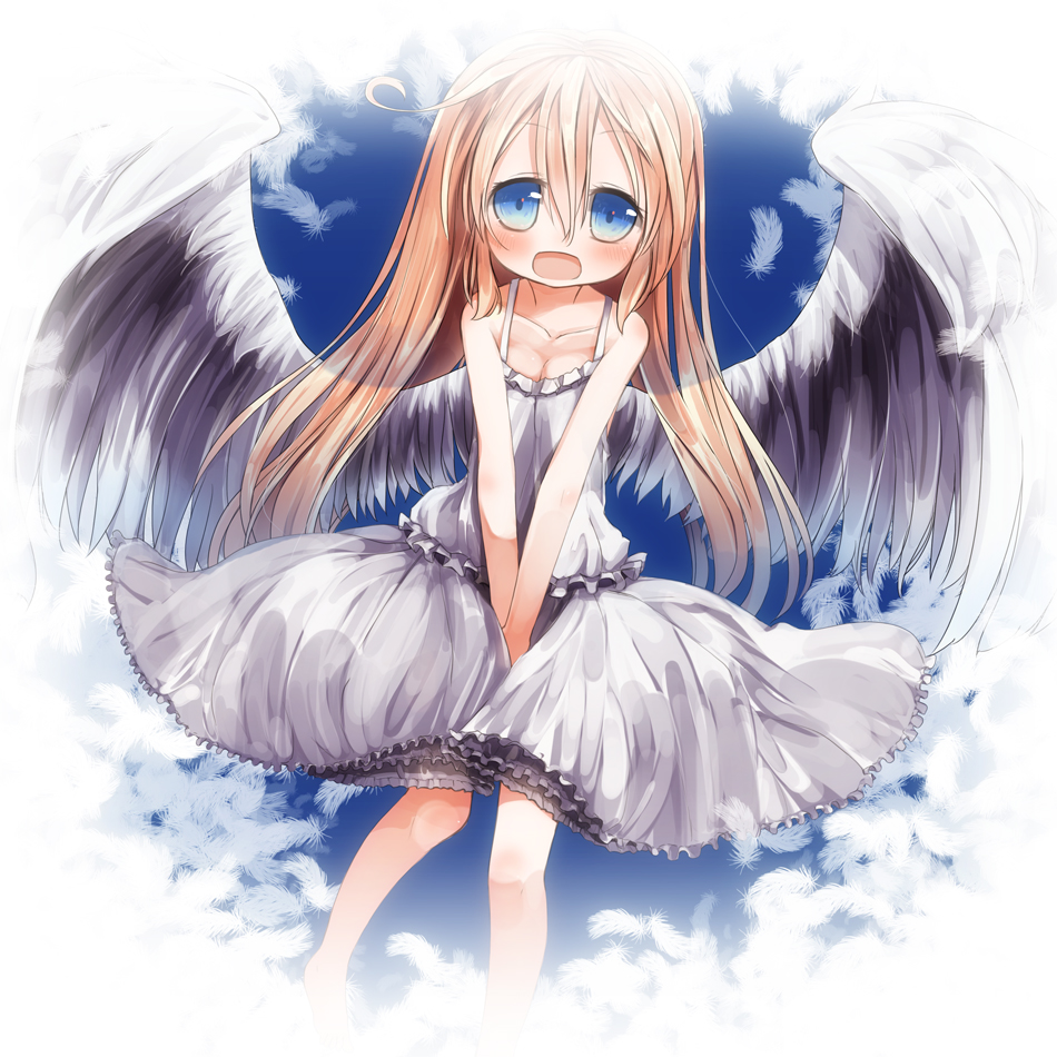 ahoge, angel_wings, barefoot, blonde_hair, blue_eyes, blush, dress, feathers