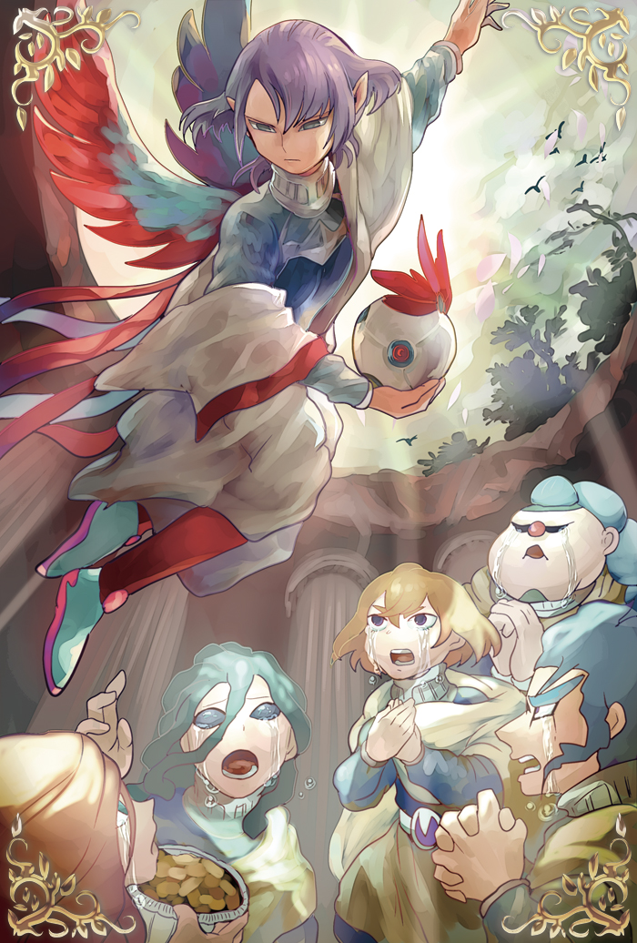 1girl, 5boys, alpha_(inazuma_eleven), bird, brown_hair, column, crying, einamu, fine_art_parody, flying, gaura, green_hair, inazuma_eleven_(series), inazuma_eleven_go, inazuma_eleven_go_chrono_stone, kuoosu, multiple_boys, no_pupils, parody, pillar, pointy_ears, protocol_omega, purple_hair, reiza, solid_eyes, sphere_device, tears, tree, wings, yan'yo_(yan'yan'yo), zanou