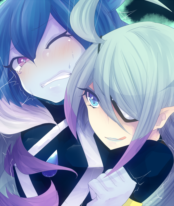 2girls, aqua_hair, aqua_lipstick, blue_eyes, blue_hair, blue_skin, blush, clenched_teeth