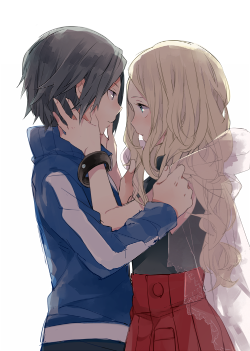 1boy, 1girl, black_hair, blonde_hair, blush, bracelet, calme_(pokemon), couple, eye_contact, hands_on_another's_cheeks, hands_on_another's_face, jacket, jewelry, long_hair, looking_at_another, petitbisou, pleated_skirt, pokemon, pokemon_(game), pokemon_xy, serena_(pokemon), skirt, sleeveless, sleeveless_shirt