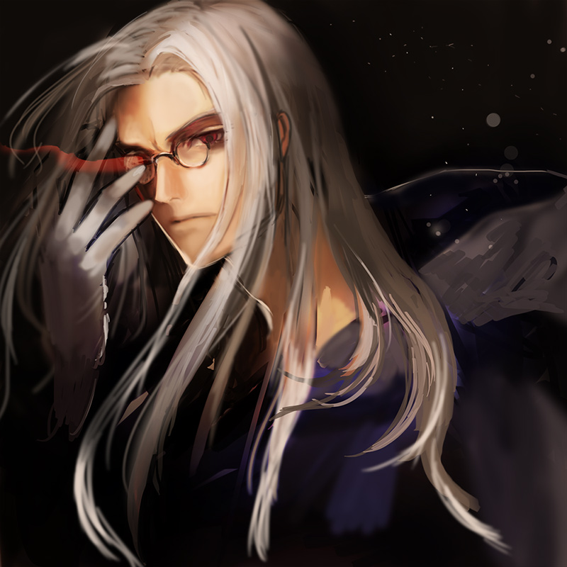 dragon's_crown, glasses, gloves, glowing, glowing_eyes, grey_hair, hood, long_hair