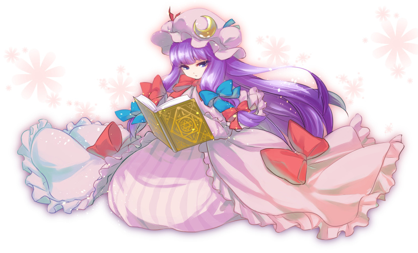 1girl, beroberoba_(artist), book, crescent, dress, hair_ribbon, hat, highres