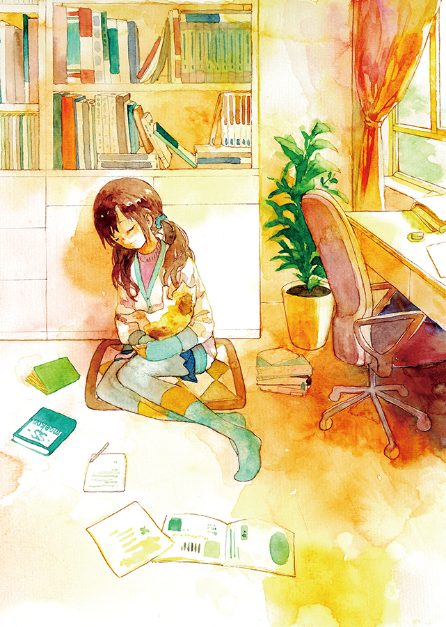 1girl, blush, book, bookshelf, brown_hair, cat, chair, closed_eyes