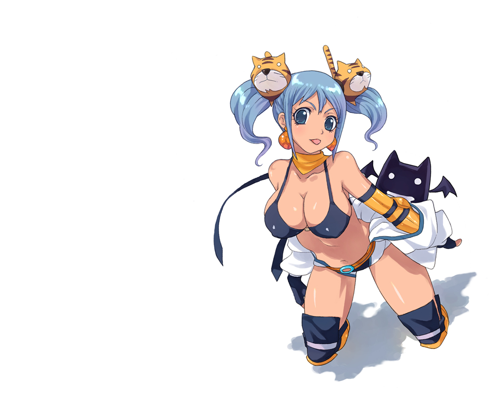 bikini_top, blue_eyes, blue_hair, breasts, cleavage, deviruchi, fingerless_gloves, gloves