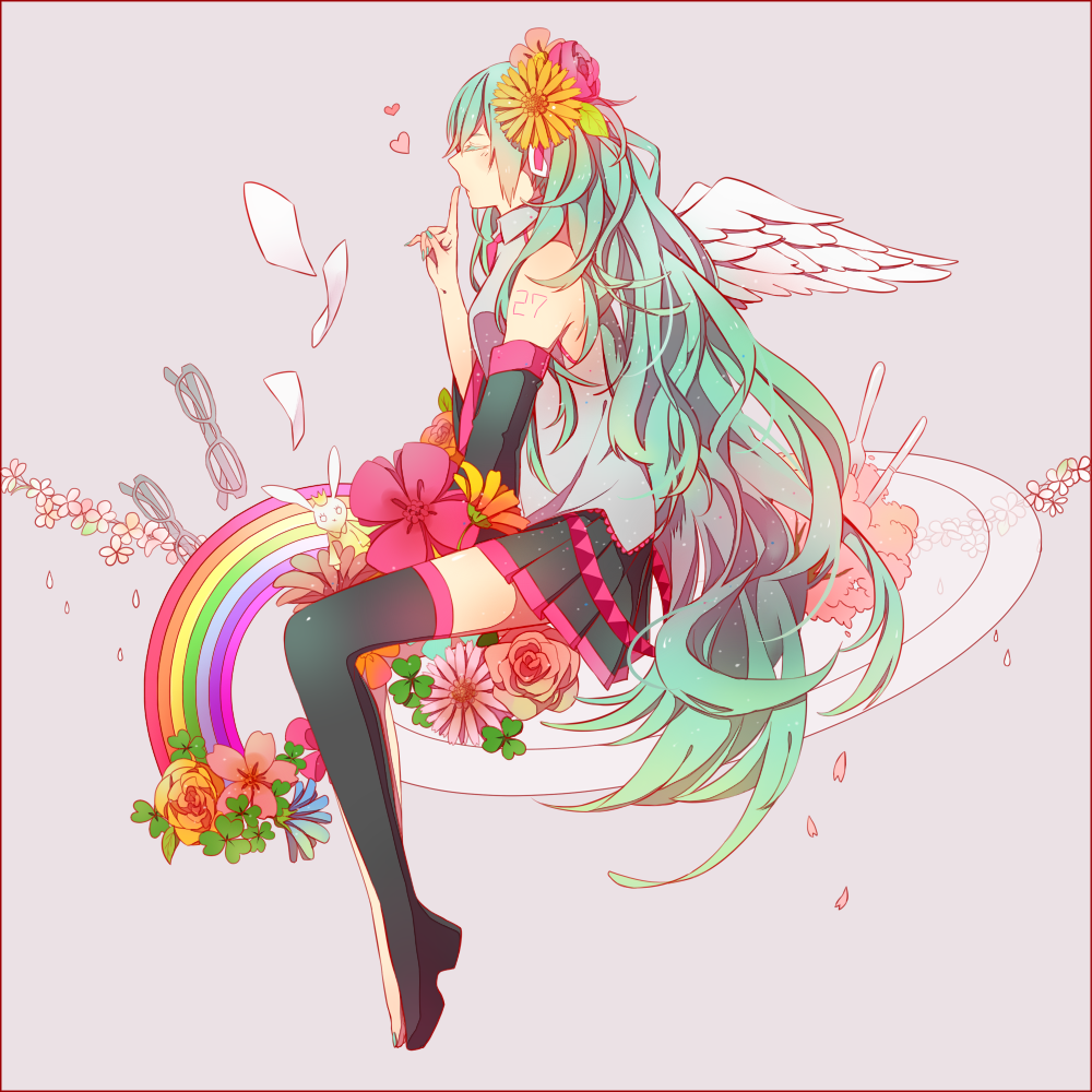 1girl, aoi_yuki, aqua_hair, closed_eyes, detached_sleeves, flower, glasses, hair_ornament