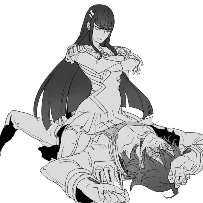 1boy, 1girl, blush, crossed_arms, junketsu, kill_la_kill, kiryuuin_satsuki, lying