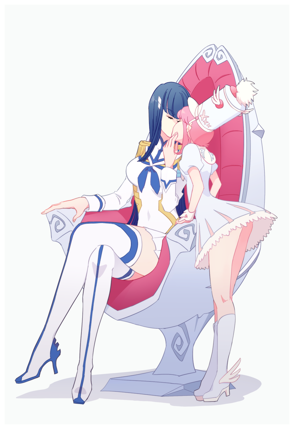 2girls, black_hair, boots, chair, closed_eyes, crossed_legs, dress, hand_on_another's_face