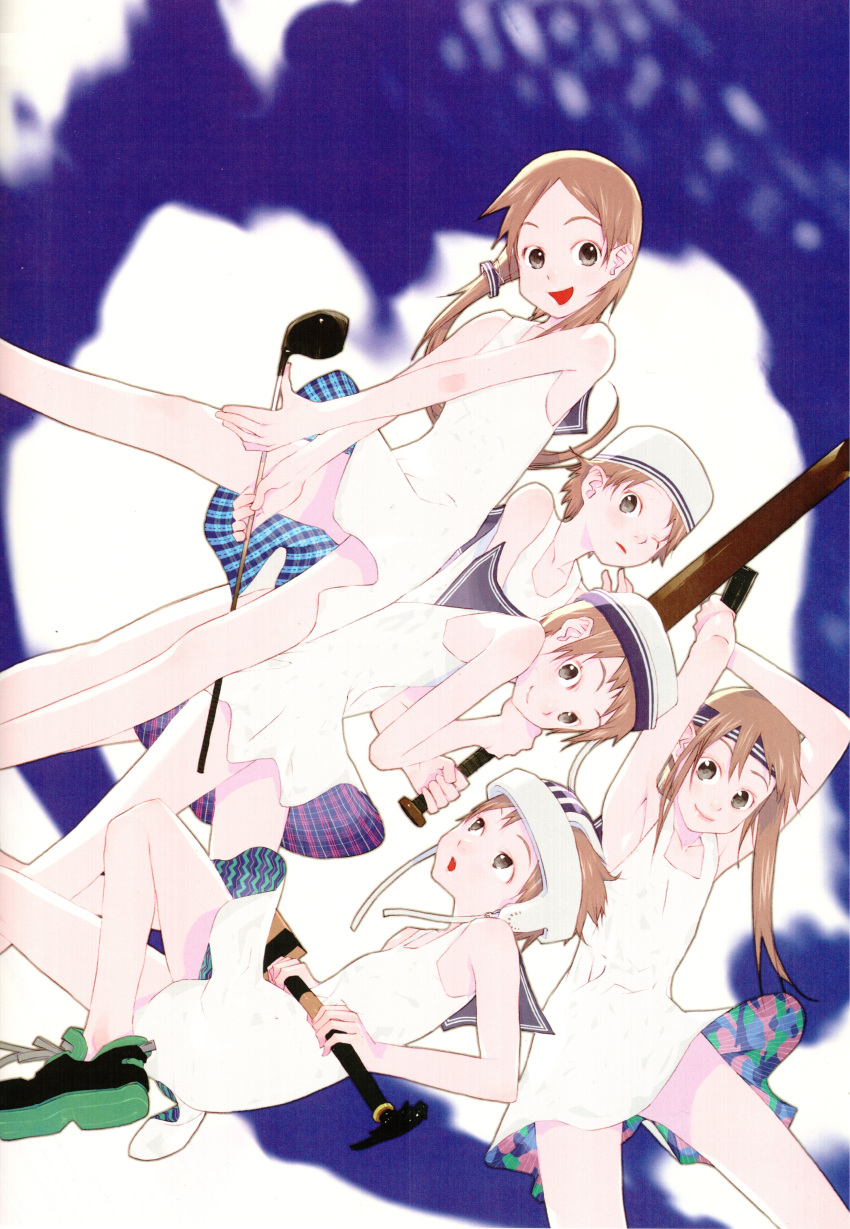 5girls, absurdres, armpits, arms_up, bare_legs, bare_shoulders, baseball_bat, black_eyes
