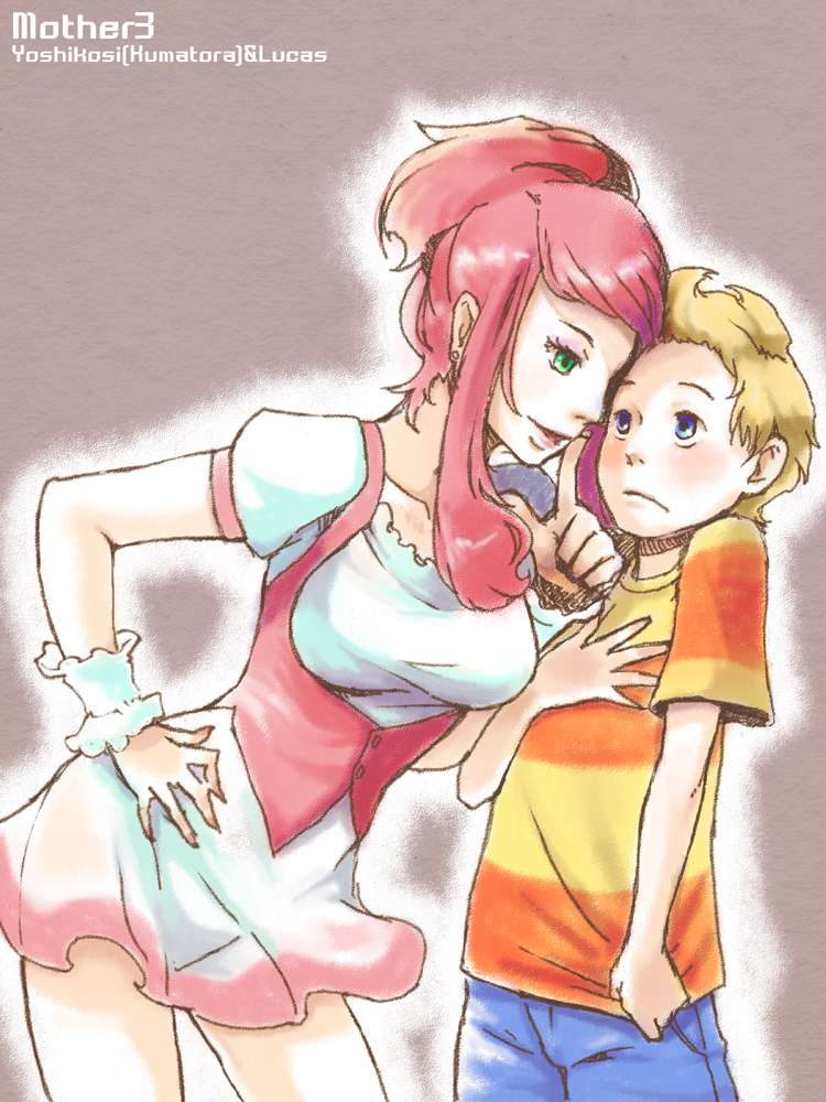 1boy, 1girl, anna_miller, breasts, eyeshadow, green_eyes, half_updo, hand_on_hip