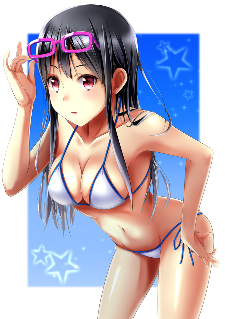 1girl, bikini, black_hair, fukuma, glasses_on_head, kyoukai_no_kanata, nase_mitsuki, red_eyes