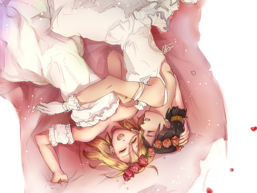 2girls, blonde_hair, bride, brown_hair, christa_renz, closed_eyes, couple, detached_sleeves, earrings, flower, gloves, hair_flower, hair_ornament, happy, highres, jewelry, laughing, multiple_girls, rose, shingeki_no_kyojin, smile, upside-down, uturona_hitomi, veil, wedding, wreath, ymir_(shingeki_no_kyojin), yuri
