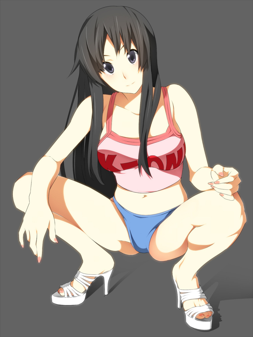 bare_shoulders, black_hair, grey_eyes, high_heels, highres, k-on!, legs, long_hair